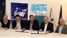 חותמים על ההסכם (מימין לשמאל)- אלוף (מיל.) עמוס חורב, יו"ר אגודת דורשי הטכניון בישראל, פרופסור פרץ לביא, נשיא הטכניון, יצחק ניסן, מנכ"ל התעשייה האווירית, ד"ר אביטל שטיין, המשנה לנשיא ומנכ"לית הטכניון, פרופסור עודד שמואלי, המשנה לנשיא הטכניון למחקר. צילם: יואב בכר, דוברות הטכניון