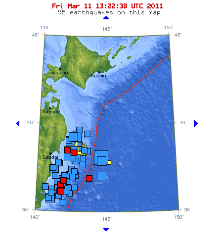 מפת פגיעת רעידת האדמה ביפן, 11 במארס 2011. מתוך אתר השירות הגיאולוגי האמריקני