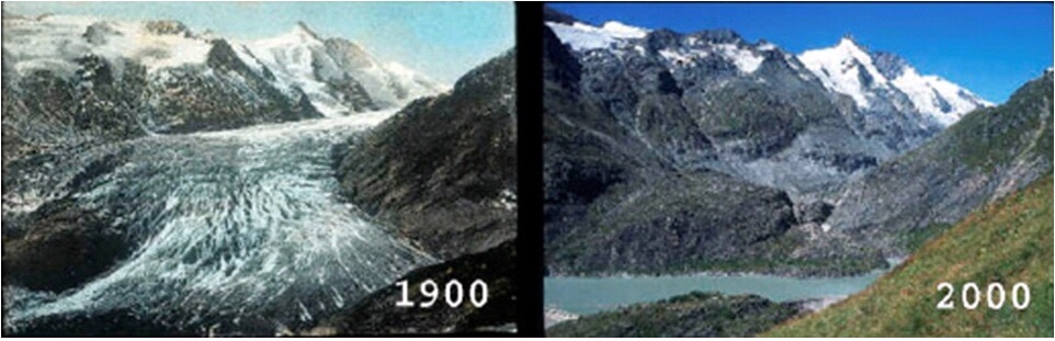 קרחון פסטרץ באלפים האוסטריים בהפרש של מאה שנה. מים במקום קרח.