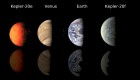 השוואה בין הגדלים של שני כוכבי הלכת, Kepler-20e ו- Kepler-20f עם כדור הארץ ונוגה. איור: נאס"א