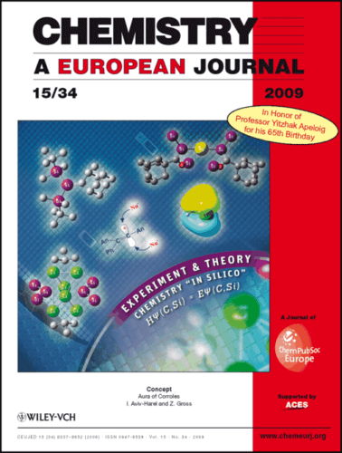    דף השער של כתב העת האירופי לכימיה, שהוקדשה ליום הולדתו ה-65 של פרופ'-מחקר אפלויג. דף השער מתאר מולקולות שקבוצתו שלפרופ' אפלויג חקרה נסיונית וחישובית,  ולמטה מופיעה משוואת שרדינגר.