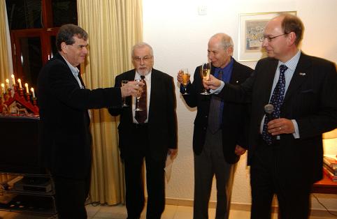 The Swedish Ambassador to Israel, Robert Rydberg hosts the winners of the 2004 Nobel Prize in Chemistry. Ambassador Rydberg (right), Professor Avraham Hershko, outgoing Minister of Science Viktor Brailovsky and Professor Aharon Chakhanover