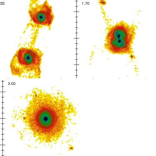 In the picture: a computer simulation (courtesy of Prof. Avishai Dekal and his colleagues) of a collision between two disk galaxies, which pass one through the other and eventually merge into an elliptical galaxy. The time passing from image to image is marked in billions of years (from left to right and from top to bottom). Due to the gravitational forces during the collision, the stars are torn from their original orbits and are thrown from the center outwards on elongated orbits.