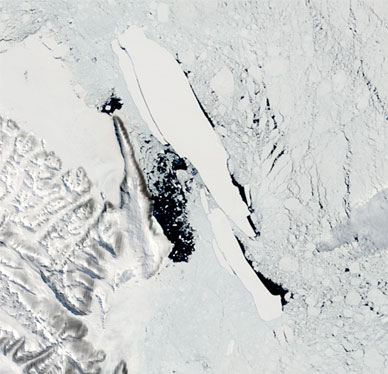 A large glacier breaks off in Antarctica, 2005. Global warming will also reach Antarctica