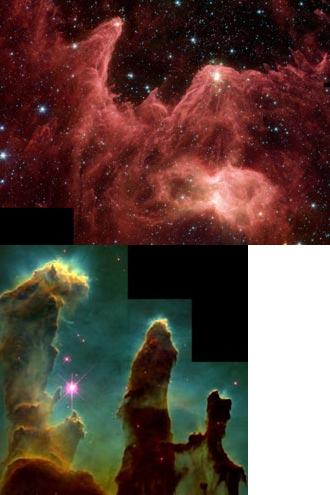 למעלה: התמונה של הרים קוסמיים של כוכבים נולדים שצילם שפיצר ופורסמה בנומבר 2005, למטה: התמונה מ-1995 של האבל - עמודי הבריאה