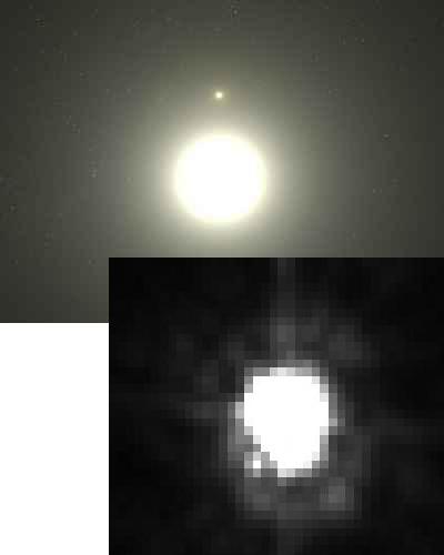 بولاريس، نجم الشمال لديه رفيقان شاحبان. الصورة: معهد التلسكوب الفضائي. في الصورة السفلية ترى النجم المرافق المخفي عند الساعة السابعة