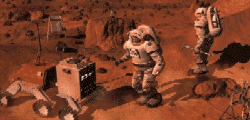 למעלה: המחשה אמנותית של סייר אנושי וסייר רובוטי עובדים יחד על המאדים. מזכה: John Frassanito & Associates.
