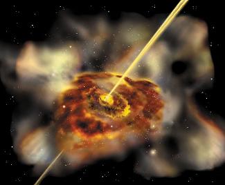 In this picture, the artist shows the engine of the quasar - a black hole that attracts the gas and dust around it. In this image, the black hole is hidden in the center of a disk of gas and dust (the yellow-brown cloud in the center). This material swirls around the black hole before being sucked in like water into a sewer. This creates compressed friction zones, which heat the gas and make it glow brightly. Mite - Aurora Simont, Sonoma University