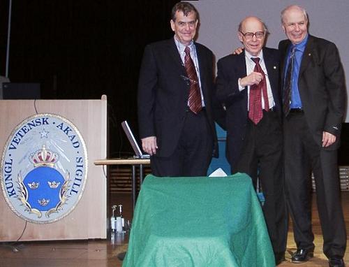 From right to left: Prof. Avraham Hershko, Prof. Irwin Rose, and Prof. Aharon Chachanover on the hall stage at Stockholm University after their Nobel speeches. Photographer: Avi Blizovsky