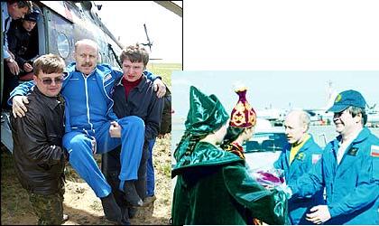 בתמונה הימנית, האסטרונאוטים בודארין (מימין) ובאוארסוקס, אתמול בקזחסטאן. בתמונה השמאלית - האסטרונאוט קן בוורסוקס מוצא מתוך תא הסויוז