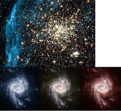 כאשר גלקסיה מתרחקת מאיתנו היא נראית יותר אדומה - זהו ההיסט לאדום (מימין). גלקסיה מתקרבת נראית יותר כחולה (משמאל).  במרכז- הגלקסיה כפי שהיא (באיור שונו הצבעים בהגזמה). איור: בועז גטניו