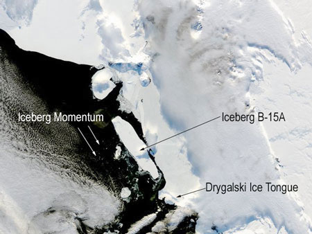 שני הקרחונים שצפויים להתנגש. ה'דרבי' ההרסני בעולם (צילום: נאסא)