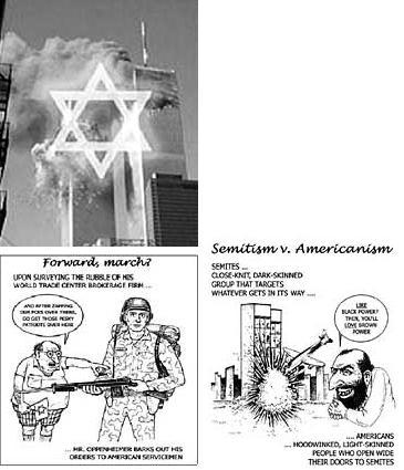 קריקטורות שפורסמו באתר ה"ליגה נגד השמצה", מלמעלה למטה: היהודים עומדים מאחורי פיצוץ התאומים; היהודים מואשמים בהחדרת האנטישמיות לארה"ב; למטה מימין: היהודים משפיעים על פעולות הממשל האמריקאי