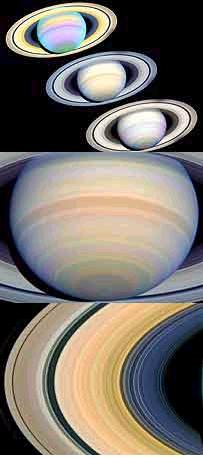 Top image: Saturn as seen in ultraviolet (top left), visible light (middle) and infrared (bottom). In the middle picture: bands of clouds at different heights and at different temperatures. A variety of wavelengths allowed researchers to peer into Saturn's atmosphere. Bottom image: The rings have never looked better