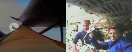 على اليمين: مقر المكوك في الصورة الأولى للاكتشاف في مداره. على اليسار: صورة من كاميرا خاصة تم تركيبها على خزان الوقود الخارجي لرصد الشظايا المتساقطة وإن وجدت - مكان سقوطها.