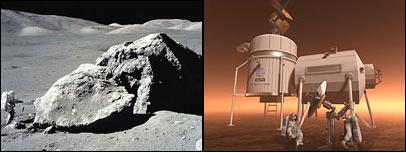בתמונה: מימין: משלחת עתידית למאדים. משמאל: האריסון שמידט ויוג'ין קרנן היו שני בני האדם האחרונים שהלכו על אדמת הירח.