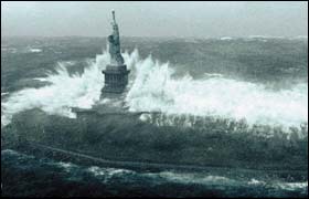 New York is flooded by a tsunami wave. From the movie 'The Day After Tomorrow'