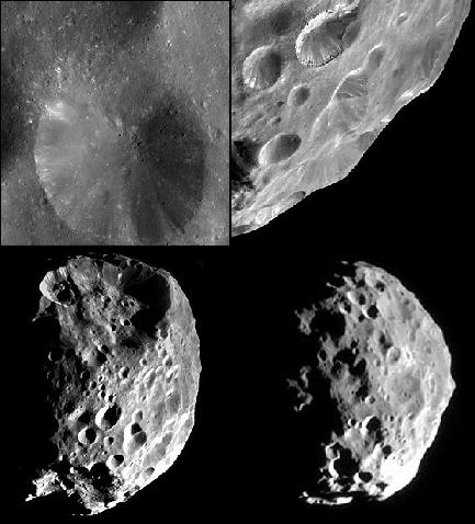 הירח השבתאי פיבי - ארבעה צילומים שונים שצילמה החללית קאסיני ממרחקים שונים, הקרוב שבהם -2,000 קילומטרים. תצלום: נאס''א
