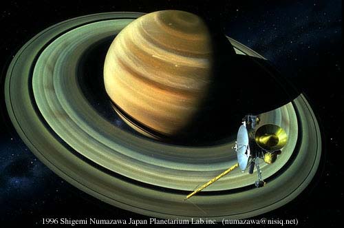 The Cassini spacecraft against Saturn. illustration. Nas