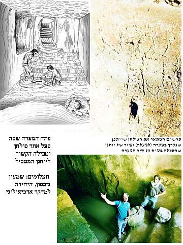 תרשים המתאר את הפולחן שייתכן שנערך במערה (למעלה) וציור של יוחנן שהתגלה בטיח על קיר המערה
