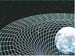 הדמיה של כדור הארץ, עם קווי מרחב שמתעקלים בכיוון הסיבוב שלו סביב צירו. כמו כדור טניס שמסתובב במכל שמן. (איור: נאס''א)