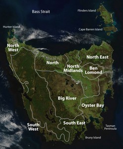 The map of Tasmania is divided into the nine tribes that were there when the Europeans arrived