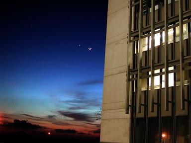 The Moon next to Venus as photographed by Eden Orion on February 19, 2007 from the University of Haifa.