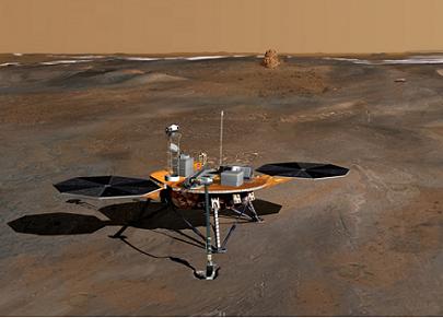 איור אמן של נחתת הפיניקס, ברקע - קרחוני מאדים. אוניברסיטת אריזונה/JPL/NASA