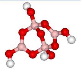 Structure of [B4O5(OH)4]2− boron atoms - pink, oxygen atoms - red, hydrogens - white. Two boron atoms (at the edges) in the center of a planar triangle and two boron atoms (bridges) in the centers of tetrahedrons