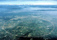 An aerial photograph of the CERN area with the location of the tunnel marked in a circle