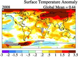 درجات الحرارة المسجلة عام 2008 وعلاقتها بمتوسط ​​درجات الحرارة لعدة سنوات للأعوام 1951-1980. الرسم التوضيحي: ناسا