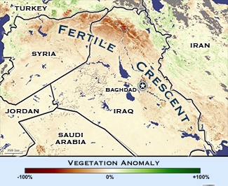 תמונת לווין מעובדת  - גווני הצבע מראים את השנוי בצמחיה, באדיבות United States Department of Agriculture’s Foreign Agriculture Service