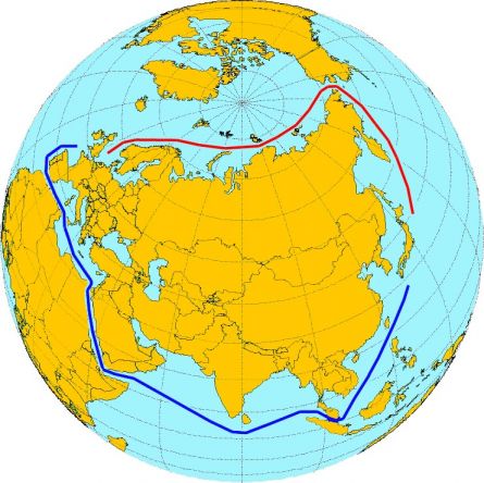 באדום - המעבר הצפון-מזרחי. בכחול - המסלול העוקף את הקרחונים