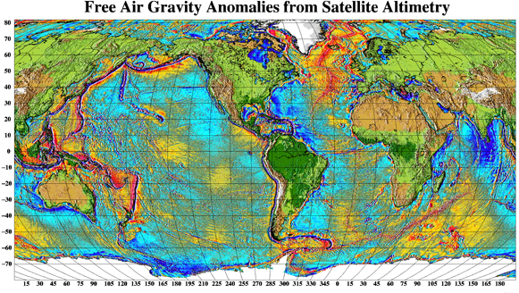 מפת האנומליות הכבידתיות על פני כדור-הארץ. (מקור: מכון החלל הלאומי באוניברסיטה הטכנית של דנמרק)