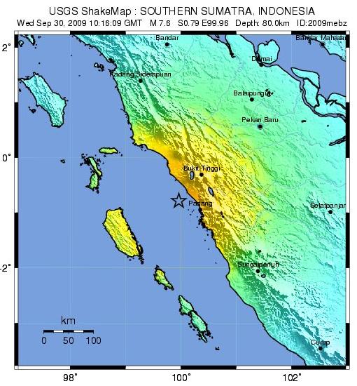 מוקד רעידת האדמה הבוקר (30 בספטמבר) בים ליד האי סומטרה. צילום: הסקר הגיאולוגי האמריקני