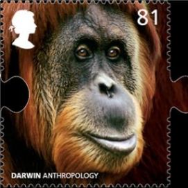 إنسان الغاب من سلسلة الطوابع التي أصدرها أمس 12 فبراير بمناسبة مرور 200 عام على داروين من قبل مكتب البريد البريطاني