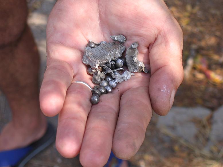 Balls and metal parts that were inside a Grad missile that exploded in the Hadar Alyon neighborhood in Haifa during the Second Lebanon War. Photo: Avi Blizovsky