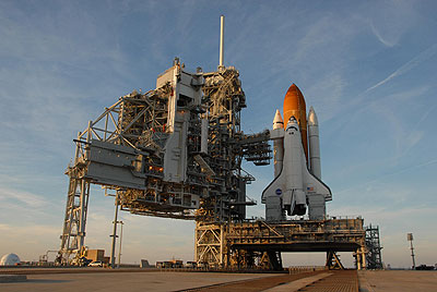 Space shuttle Atlantis on the launch pad