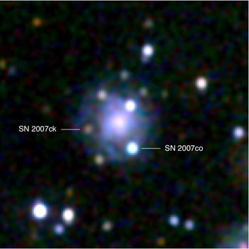 Supernova ck 2007 on the left, and supernova co 2007 on the right. Photo: Stefan Immler NASA/GSFC, Swift Science Team
