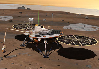 בתמונה - תפיסת אמן של נחחתת המאדים. התמונה באדיבות נאסא/JPL/אוניברסיטת אריזונה/לוקהיד מרטין