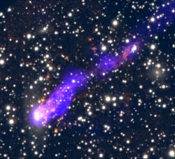 A runaway galaxy forms stars in its tail