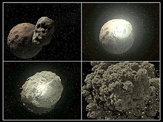 Artist's rendering showing bodies the size of mountains colliding with each other. Such a collision forms the basis for the planet-building process. Larger collisions between Earth and a Mars-sized body formed our Moon. Image courtesy of NASA and Caltech