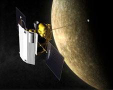 An artist's rendering of Messenger's transit near the planet Mercury.