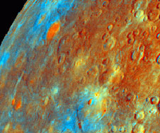 This image of Mariner 10 is composed of artificial colors, each marking a different chemical composition of the surface. (Image from Science, 1997).