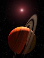 A Saturn-like planet near a red dwarf. illustration