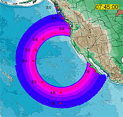 If 2004 MN4 had hit the Pacific Ocean off the coast of California, the height of the tsunami wave would have reached 6-7 meters. In the picture: the condition of the waves six hours after a hypothetical impact in the Pacific Ocean on the coast of California.