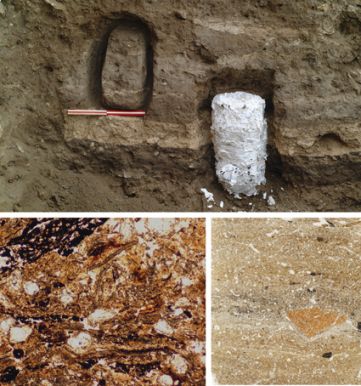 In the upper picture: a general view of samples taken from a site, containing different archaeological layers. The scale length pictured in the photo is 20 centimeters. Bottom right: a thin section of the sample, where you can see micro-layers as well as a ceramic fragment. The width of the section is 4 cm. Bottom left: a mirror under a polarized light microscope, which allows coal, clay, ash and phytoliths to be identified. The width of the field of view is 210 micrometers