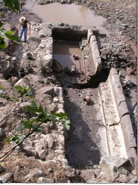 הבריכה השבורה באום אל קנטאר, רמת הגולן, כפי שנחשפה בחפירות הארכיאולוגיות שניהלו ישו דריי ואילנה גונן.