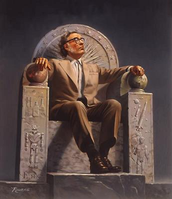 Isaac Asimov on a throne made of his works. Painting by Rowena Morrill (Rowena Morrill). See a reference to the image on Wikipedia and the accompanying license at the bottom of the article