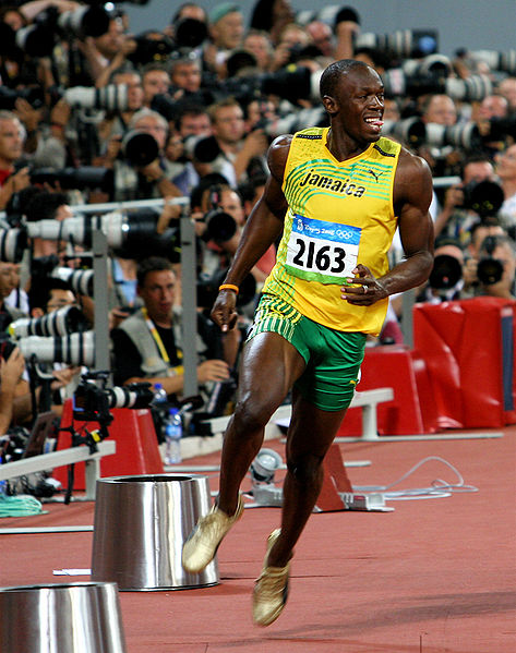Usain Bolt immediately after his victory in the final competition at the Beijing Olympics, August 2008. From Wikipedia